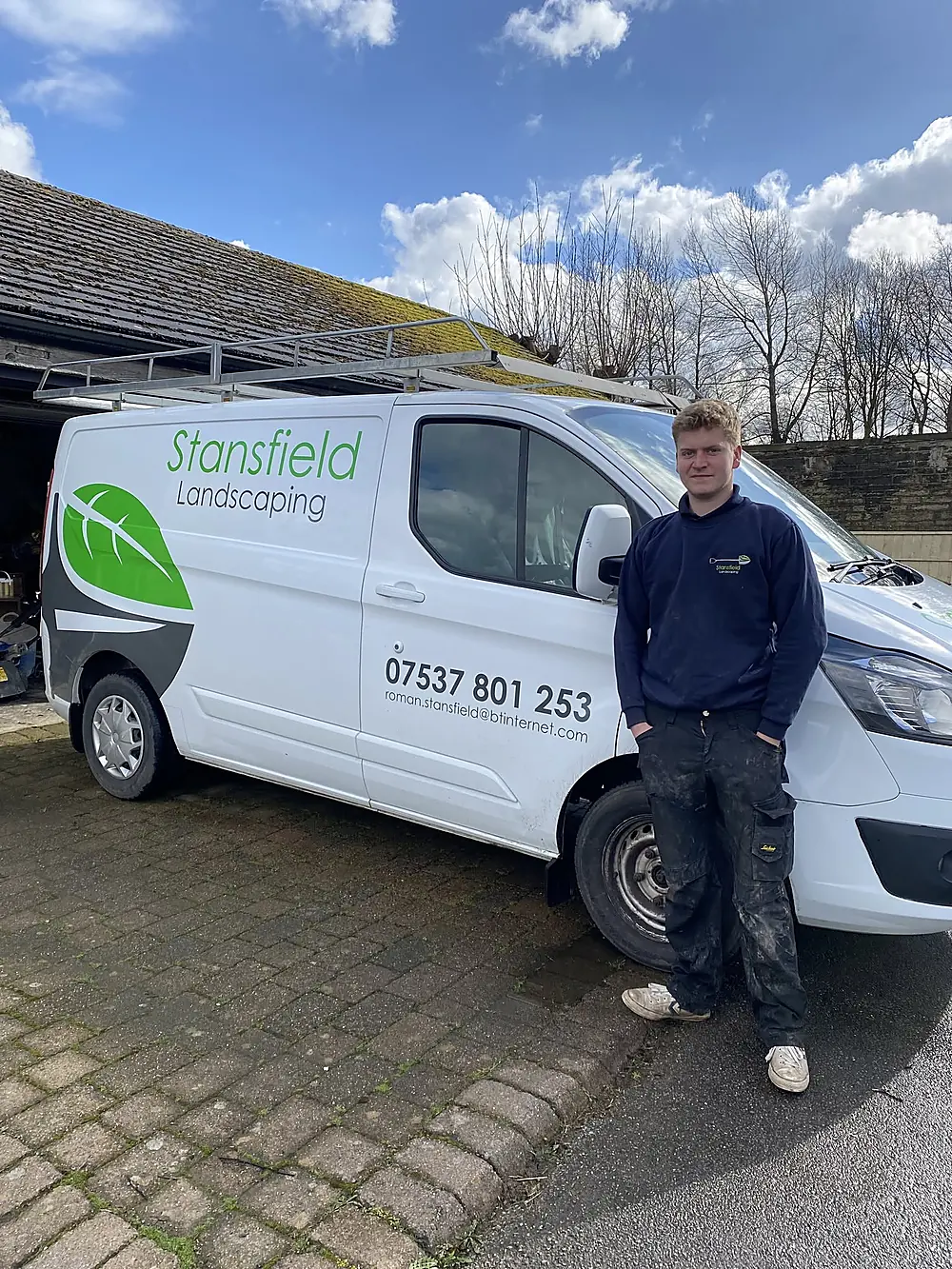 Roman Stansfield with a Stansfield Landscaping van in Huddersfield